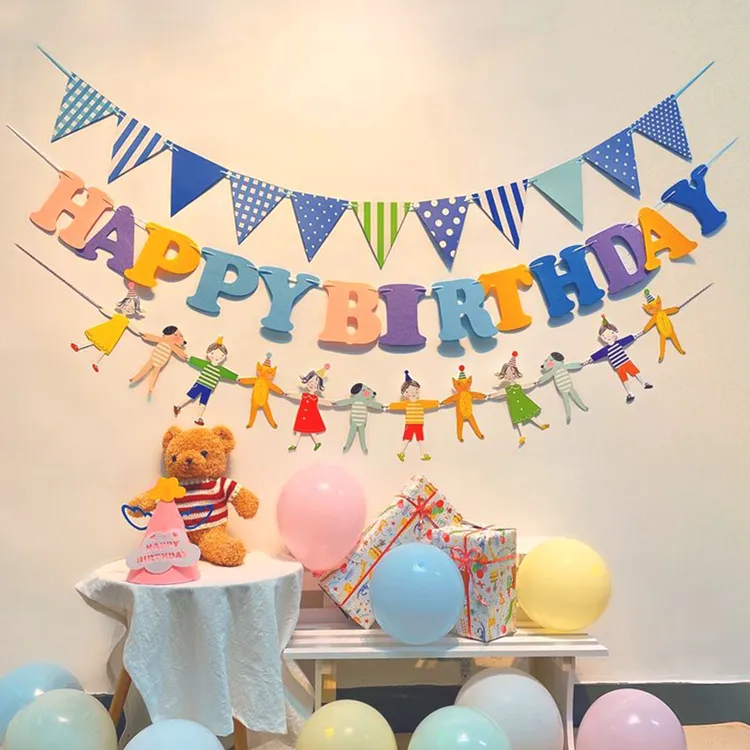 【生日拉旗】派对装扮用品宝宝过生日装饰场景布置背景墙横幅三角旗