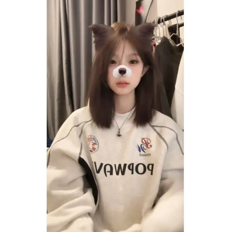美式cleanfit加绒加厚圆领卫衣女秋冬设计感撞色条纹宽松长袖上衣