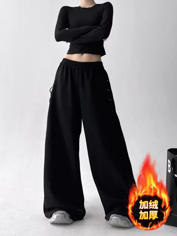 美式运动裤女秋冬加绒2025新款高腰休闲卫裤宽松慵懒风弯刀阔腿裤