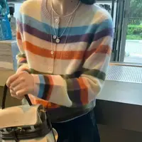 〔彩虹条拉毛〕〔不可机洗〕欧站多巴胺撞色彩虹条纹拉毛针织上衣