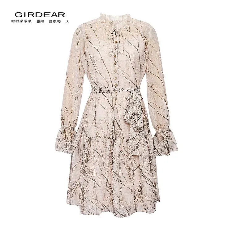 哥弟夏季印花收腰甜美小荷叶领子及膝长袖连衣裙150045