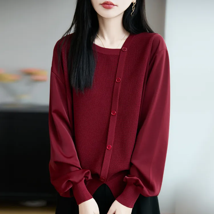 洋气时髦红色打底衫女士秋装大码长袖针织衫宽松气质显瘦拼接上衣