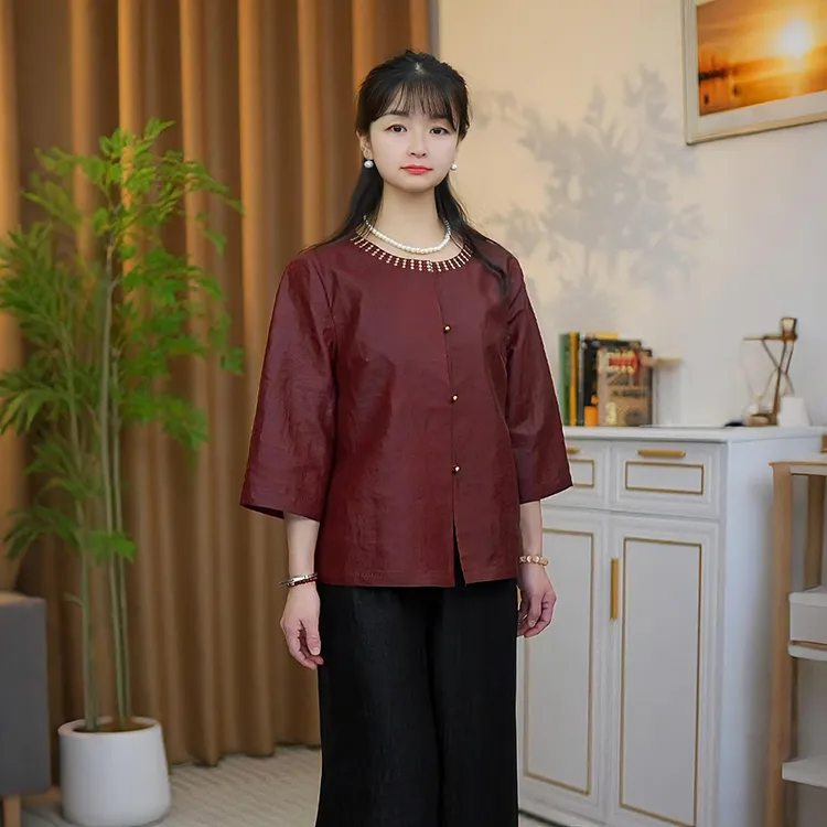 香云纱【玉黛】复古传统国风桑蚕丝红云纱中式中袖上衣外套女显瘦