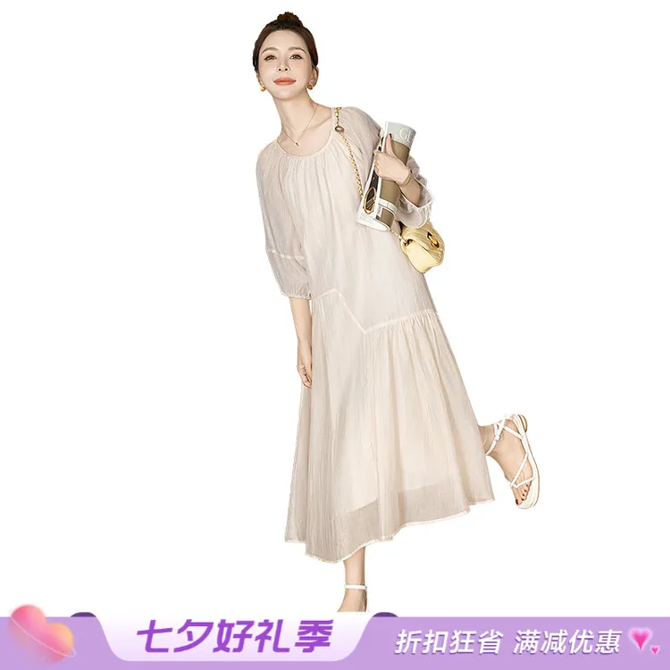 丝柏舍2025秋季新款女装圆领宽松拼接套头法式连衣裙S51B0512L