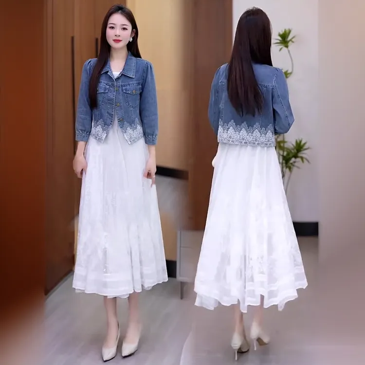 时尚套装裙女春季新款显瘦短款蕾丝花边牛仔外套背心连衣裙两件套