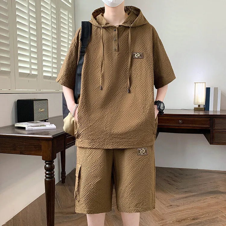 男士连帽冰爽透气短袖T恤休闲套装夏季新款ins学生帅气半袖两件套