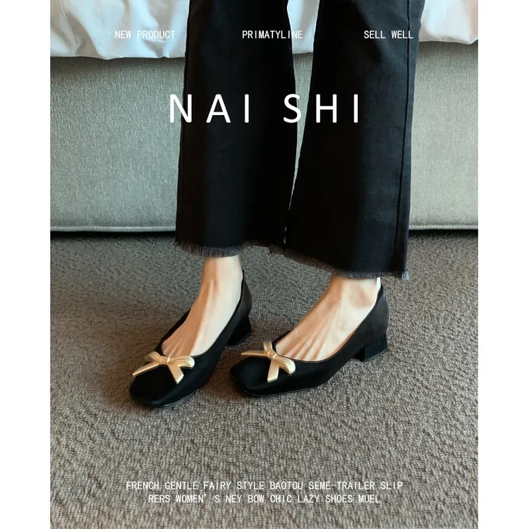 百搭版！法式玛丽珍鞋女金属蝴蝶结小香风单鞋粗跟方头浅口瓢鞋
