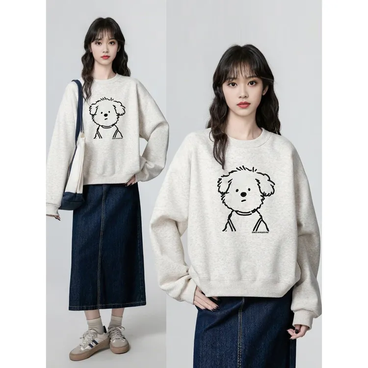 正肩卫衣女2025秋冬新款线条洋气小狗印花宽松大码显瘦圆领上衣