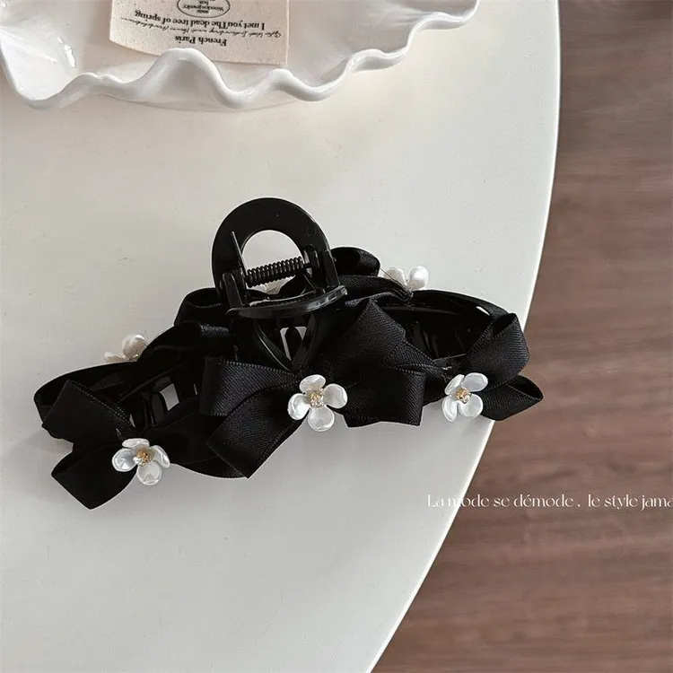 浪漫花朵黑色蝴蝶结抓夹发夹优雅气质盘发鲨鱼夹发卡发饰