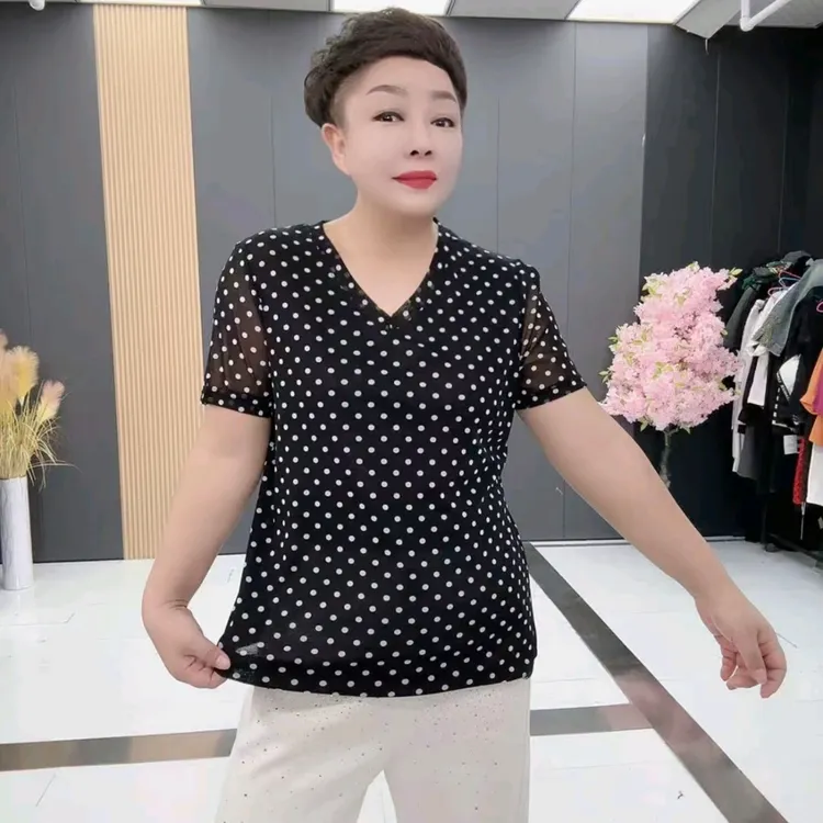 2986春夏新款大码女装V领洋气波点显瘦半袖