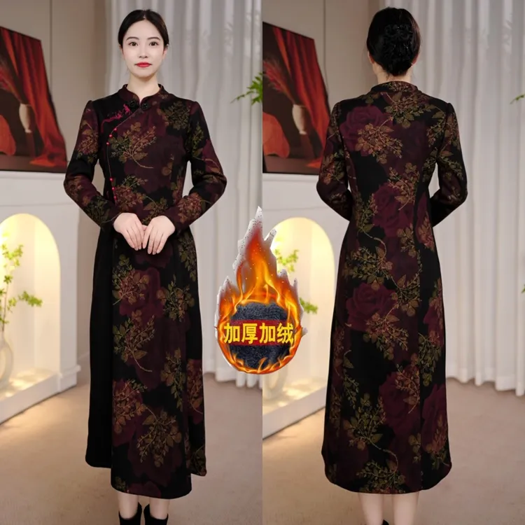 秋冬新款改良版气质显瘦加绒加厚重工刺绣保暖旗袍连衣裙6955