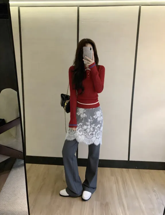 2026春季新款红色针织衫女小香风洋气减龄翻领短款显瘦上衣直筒裤