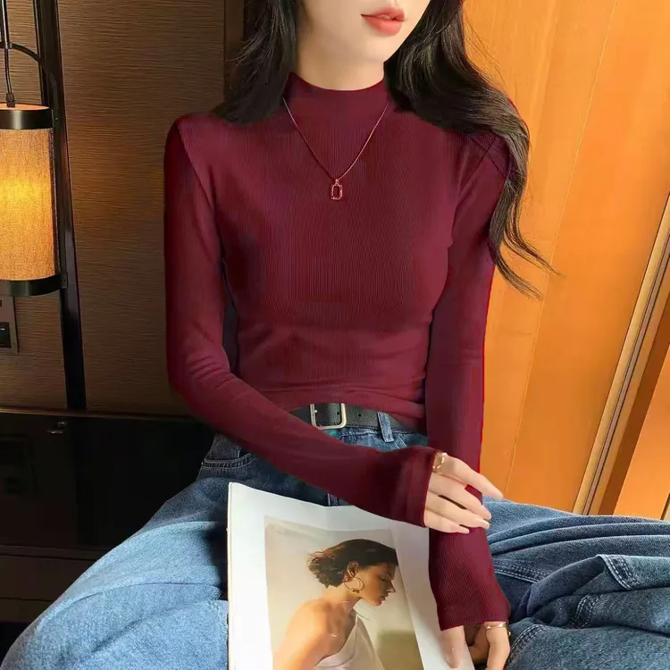 半高领螺纹长袖t恤春秋季新款百搭打底衫女修身显瘦内搭上衣
