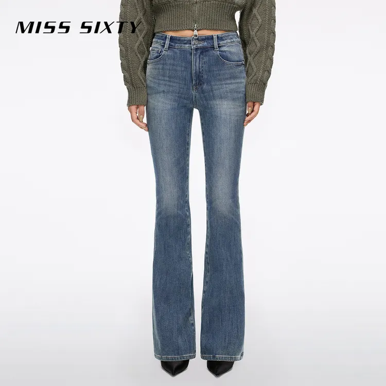 Miss Sixty2025冬季新款牛仔裤女中腰修身显瘦复古洗水喇叭长裤