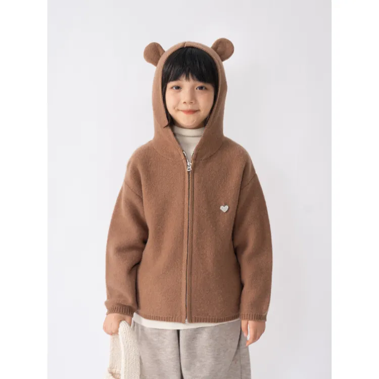 ‘可爱熊’【100%羊毛】女童小熊帽羊毛开衫儿童拉链外套加厚秋冬