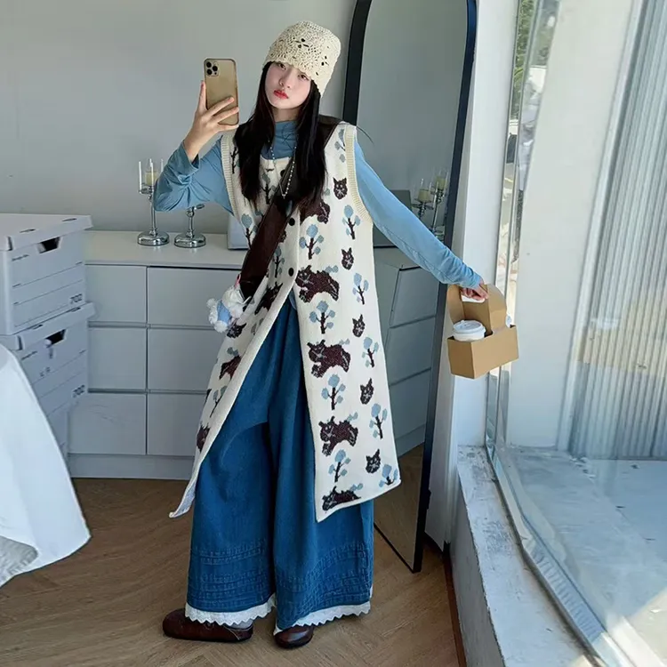 【嘻嘻柚】女童2025秋款设计感叠穿背心毛线裙打底花边阔腿裤三件套