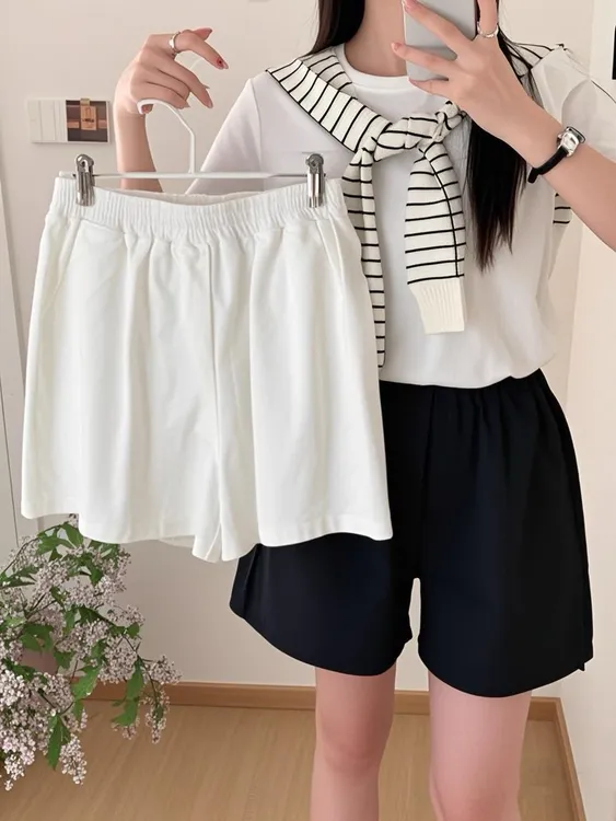 AIPAO  白色休闲纯棉短裤女夏宽松百搭高腰显瘦a字阔腿直筒短裤
