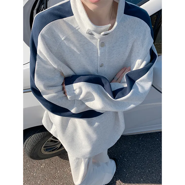 排扣立领卫衣男士春秋款潮牌百搭美式重磅撞色插肩袖宽松大码外套