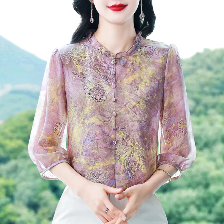 时尚印花七分袖雪纺衫女夏装2025新款木耳边减龄小衫轻奢高级上衣