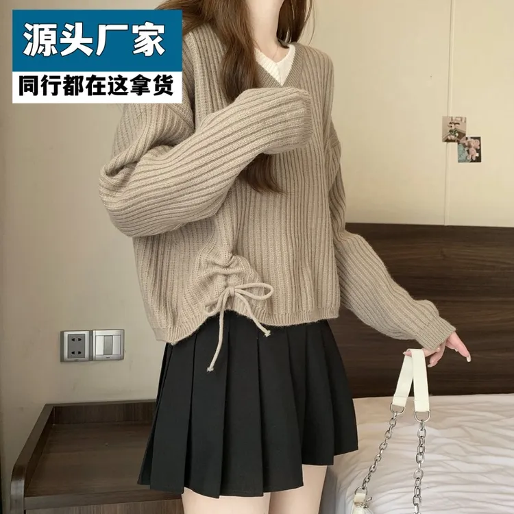 梵乐芬大码女装甜美假两件针织衫设计感抽绳毛衣女秋冬胖mm显瘦V