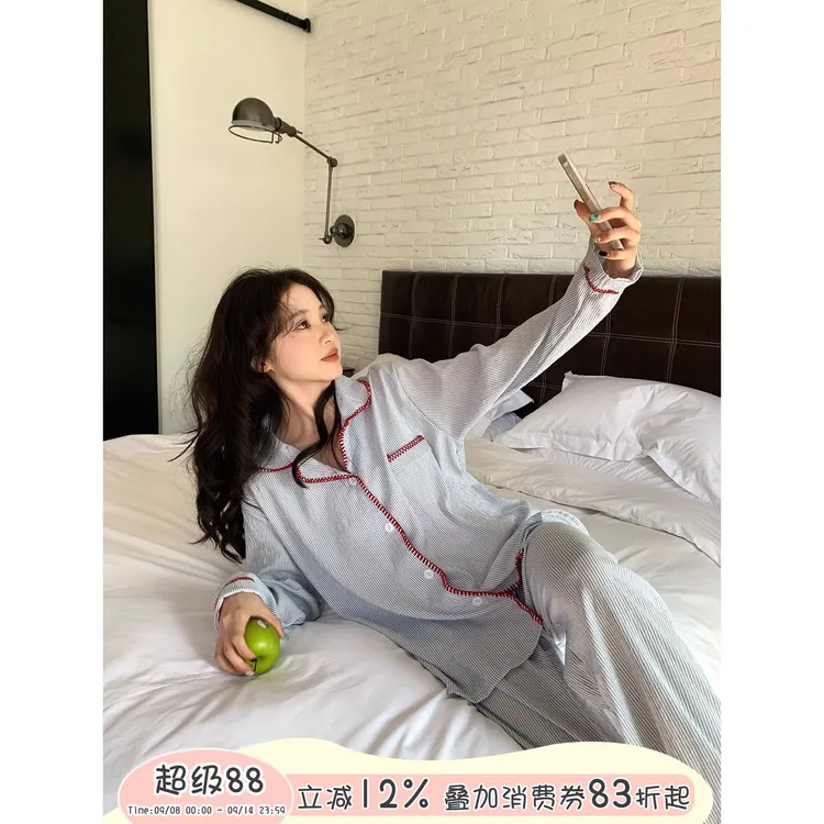 冰丝胸垫馨帮帮翻领条纹撞色春秋季女秋季秋冬大码时尚家居服夏季