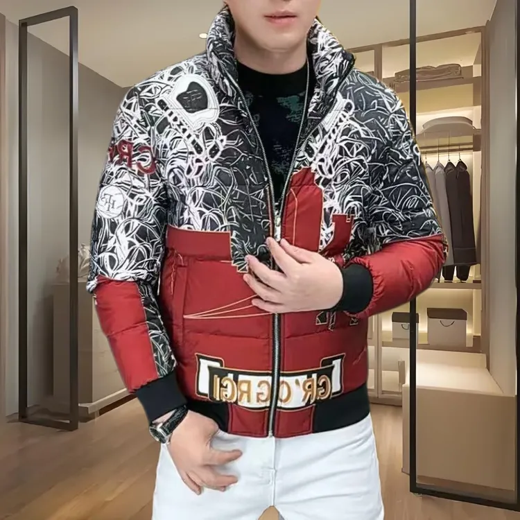 欧货2025冬季男士立领羽绒服潮牌时尚个性印花痞帅百搭保暖外套潮