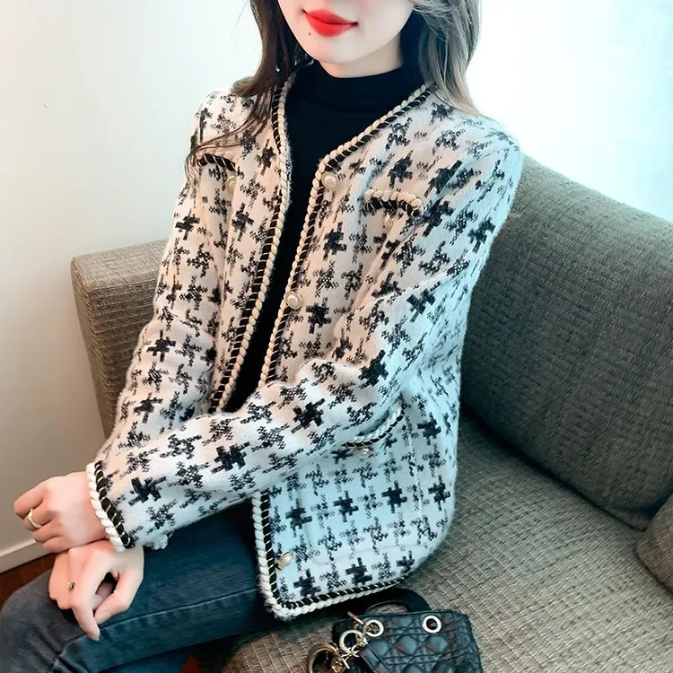 2161-现货小香风时尚百搭仿水貂毛气质外套韩版宽松外套开衫