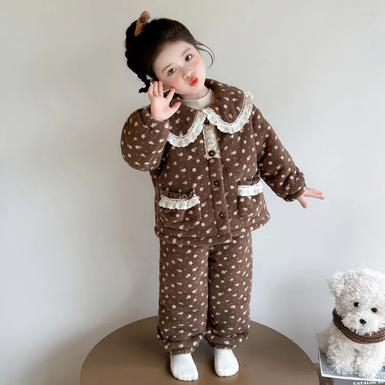 女童睡衣加绒儿童法兰绒复合一体加厚冬季女孩宝宝保暖家居服套装