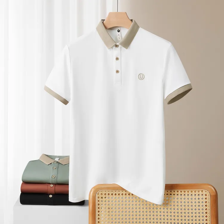 2025半袖轻奢刺绣夏季翻领polo衫男短袖撞色T恤刺绣上衣商务保罗