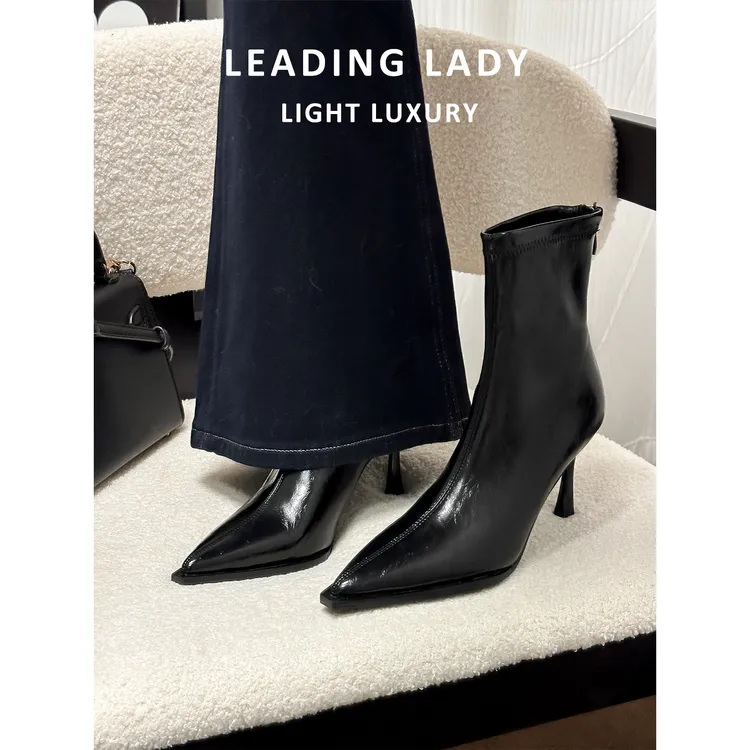 黑色尖头高跟短靴女2025年秋冬季新款弹力瘦瘦靴法式气质细跟裸靴