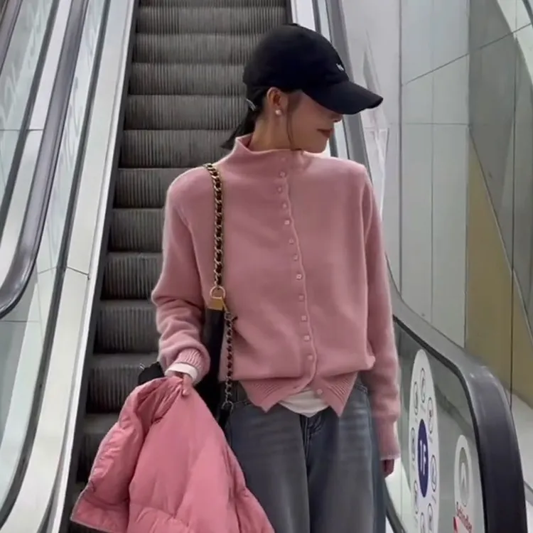 秋冬超好看高领开衫毛衣女款2024新款冬季慵懒高级感单排扣上衣女