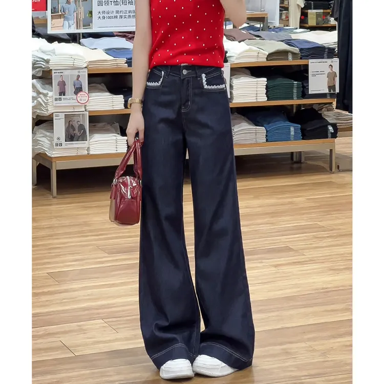 154牛仔裤女2025夏季薄款设计感小个子蕾丝花边拼接阔腿微喇叭裤