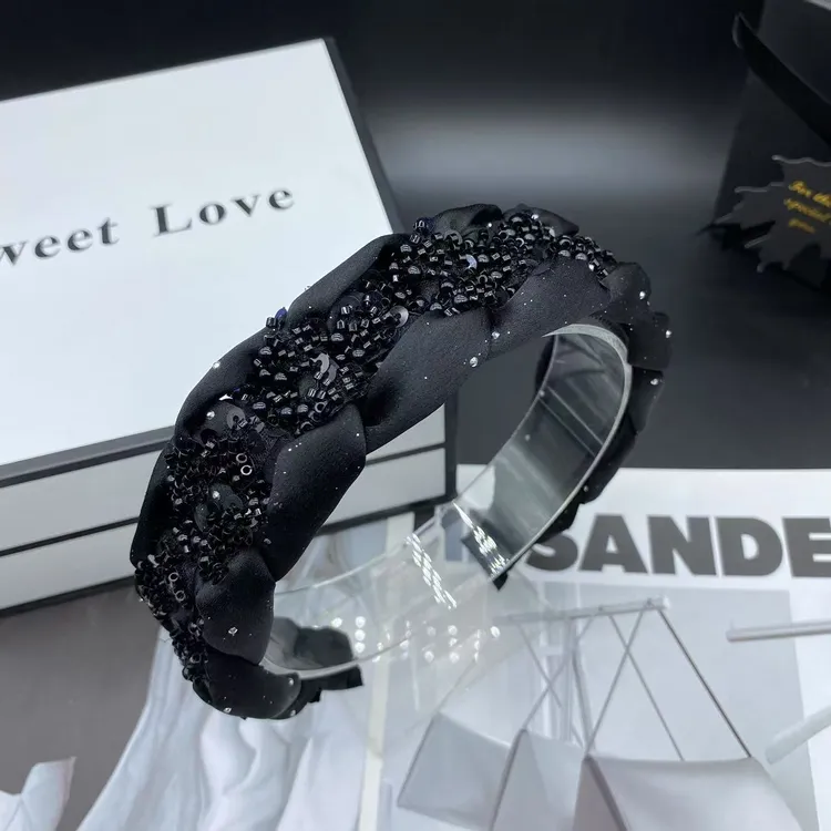 简约时尚高级感百搭发箍手工气质黑色韩版宽边轻奢复古闪钻头箍