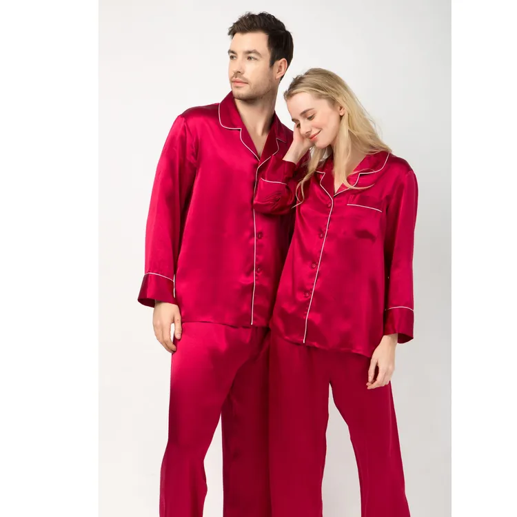 结婚礼服睡衣长袖情侣款套装100%桑蚕丝情侣家居服四季红色睡衣