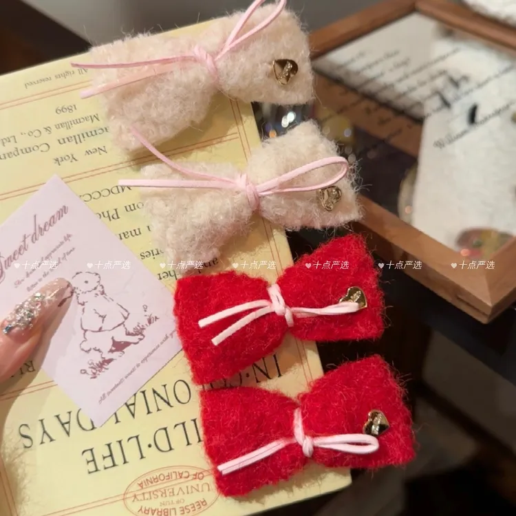 复古毛呢蝴蝶结发夹精致百搭金标鸭嘴夹公主头发卡侧边边夹发饰品