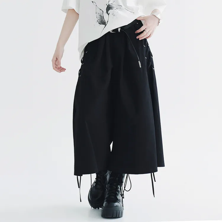 万有引力博物馆 设计感两侧绑带阔腿裤女宽松九分裤A廓形版型长裤