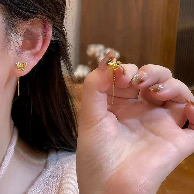 新中式复古金色镂空蝴蝶流苏耳线小众设计感时尚气质轻奢耳饰耳环