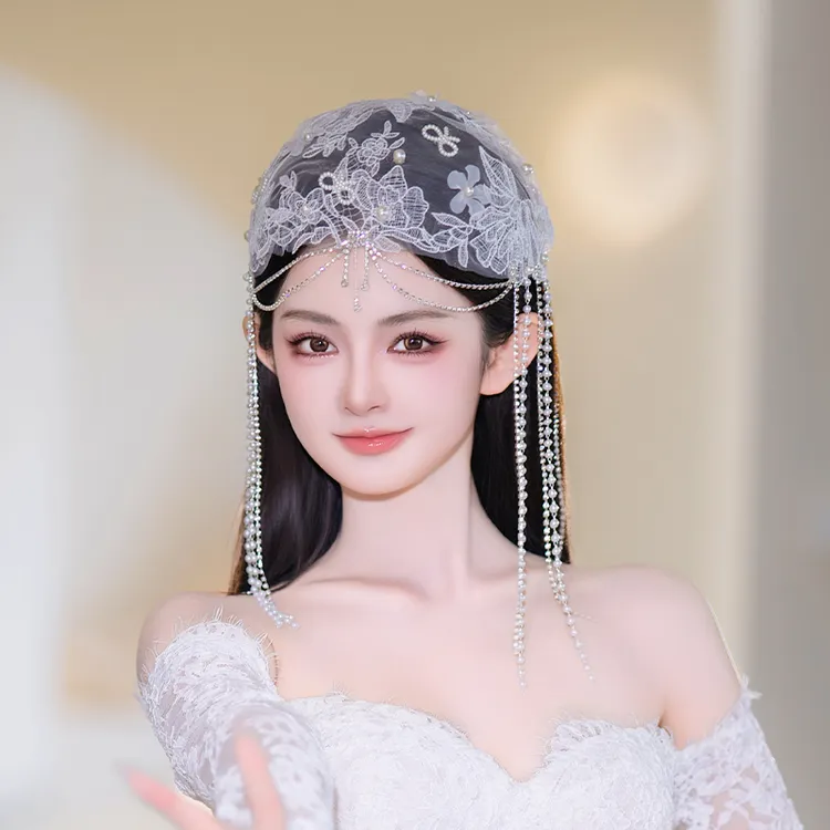 非金属布艺婚庆饰品 法式浪漫新娘结婚蕾丝花发帽流苏配饰MC2859