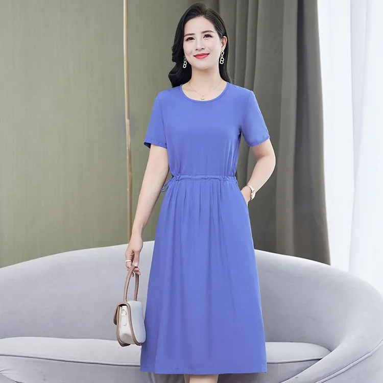 夏装新款棉绸连衣裙短袖女中长款纯色收腰显瘦过膝妈妈洋气大摆裙