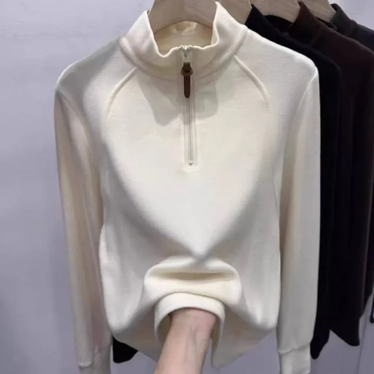 立领半拉链德绒磨毛长袖T恤女大码秋冬新款保暖内搭打底衫上衣