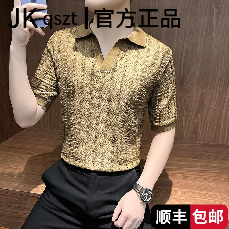 海鸥V领polo衫男款2025新款痞帅高30岁到35岁痞帅男装2025短袖男