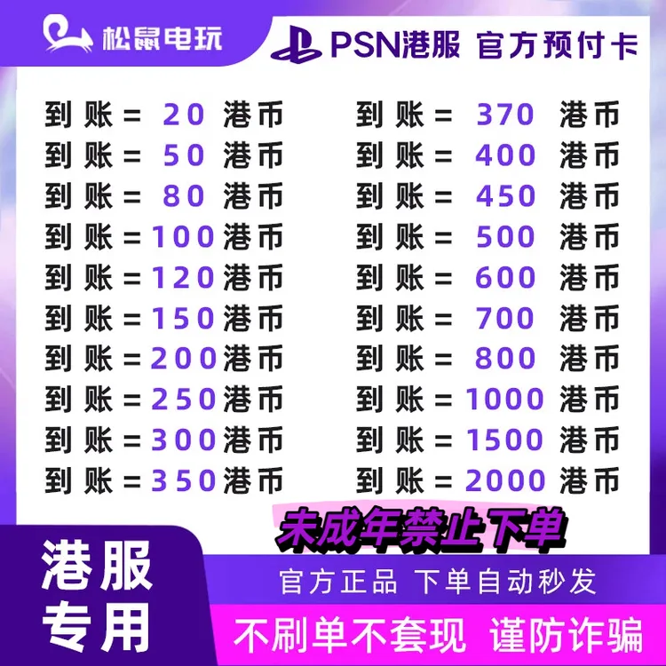 【自动秒发】PSN港服点卡港币充值卡 80 100 20港币预付卡 PS4 PS5商品图