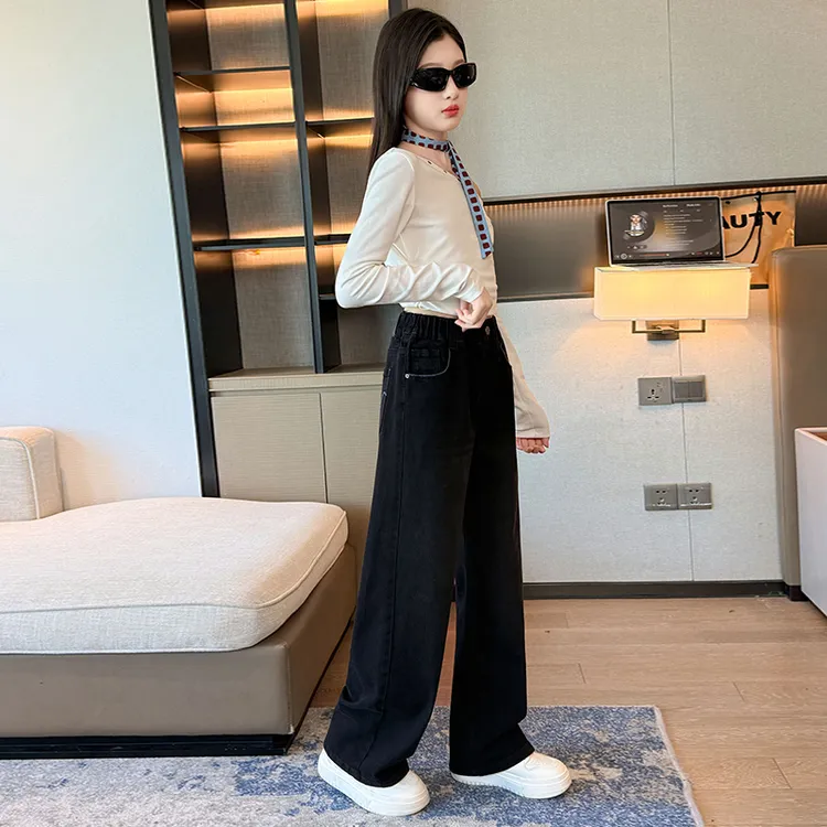 女童牛仔裤爆款2025秋季洋气时尚户外阔腿裤6-15岁直筒牛仔裤B66