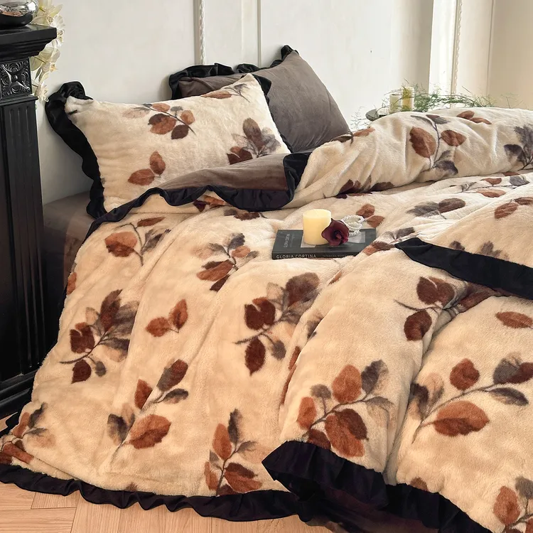 法式赫本花边兔兔绒牛奶绒床上四件套高级主卧室双面绒被套三件套