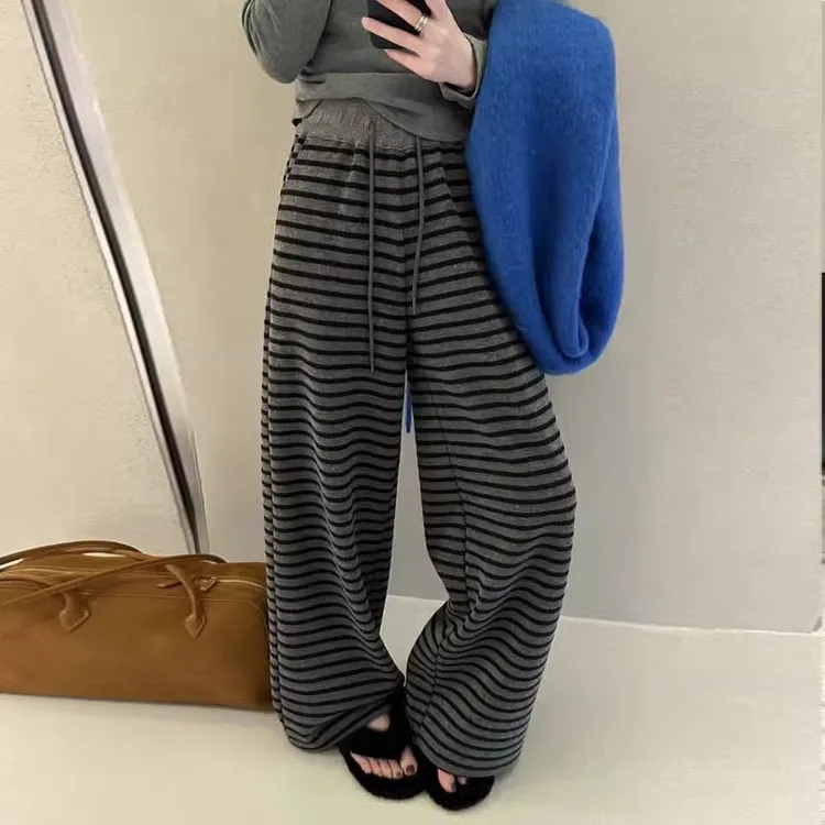 舒适减拖地条纹裤女春秋冬季2025年新款慵懒风休闲欧货垂感阔腿裤