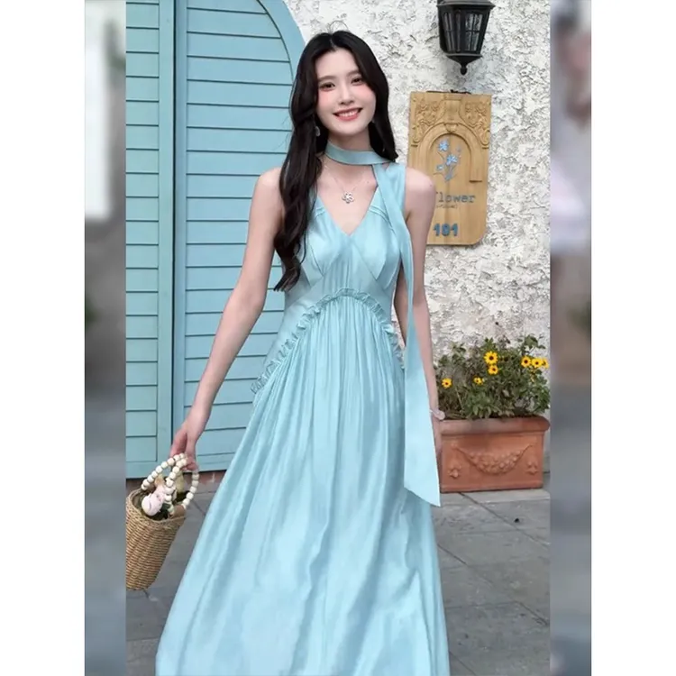 温柔风气质木耳边V领连衣裙女装2025夏季新款休闲法式超仙a字长裙