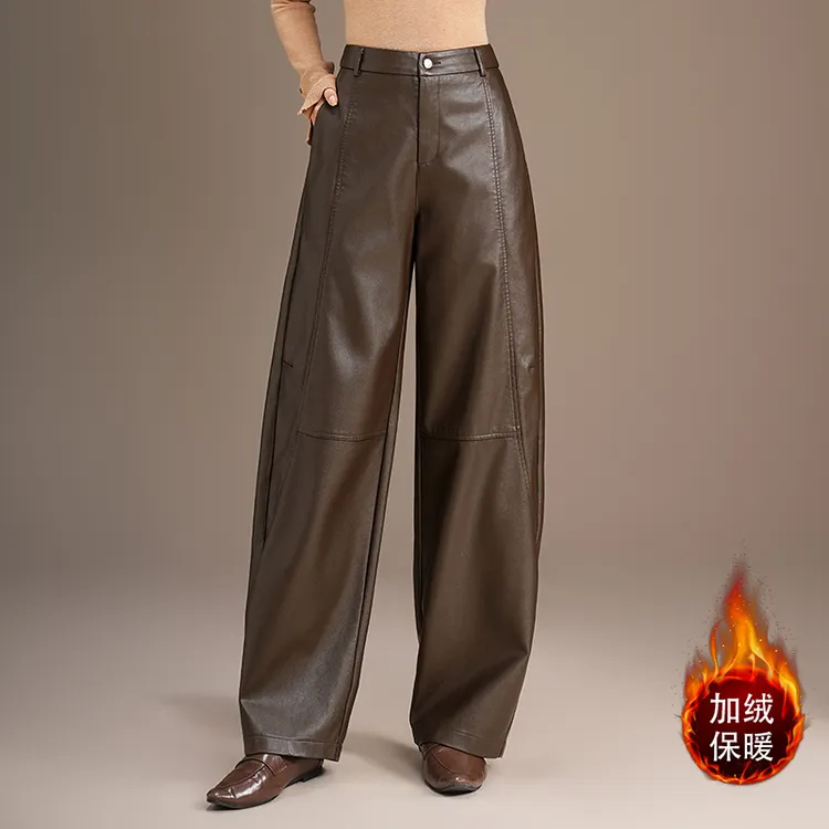 美式宽松阔腿弯刀裤女秋冬加绒加厚保暖皮裤子高腰显瘦镰刀裤6070