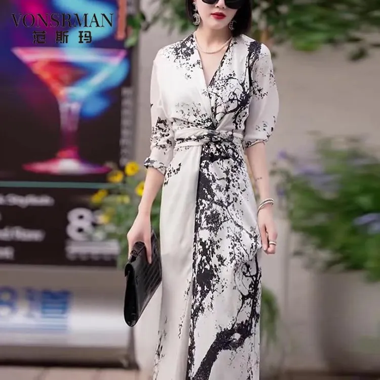 韩系气质水墨画长袖洋装女2025夏季新款洋派收腰印花a字长裙子女a