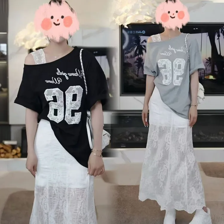 洋气休闲装2025夏季韩版宽松刺绣短袖T恤上衣百搭蕾丝半身裙套装