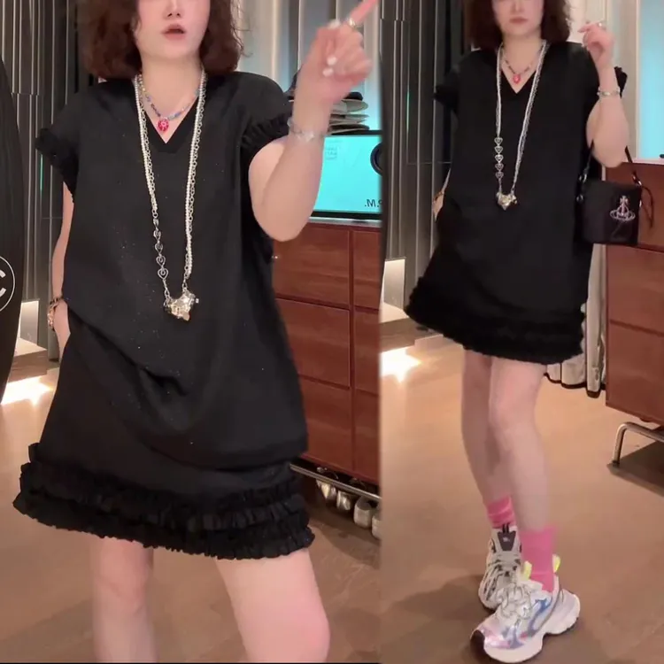 2025夏季新款时尚气质显瘦木耳边拼接飞飞袖上衣半身裙休闲两件套